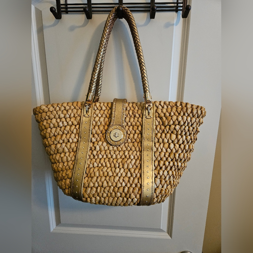 Michael Kors Santorini Large Straw Basket Cornhusk Natural Gold Leather Tote